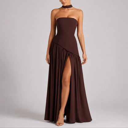 Women's strapless open-back scarf-neck fall wedding guest maxi dress – Brown