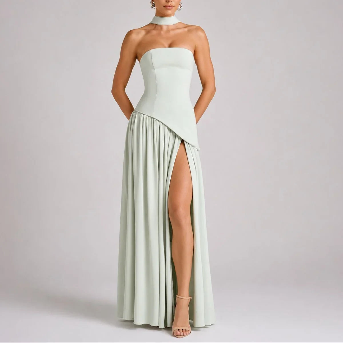 Women's strapless open-back scarf-neck fall wedding guest maxi dress – Light Green