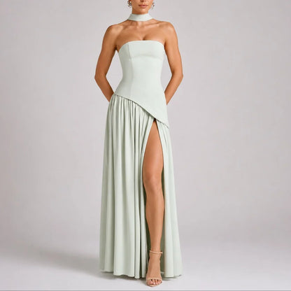 Women's strapless open-back scarf-neck fall wedding guest maxi dress – Light Green