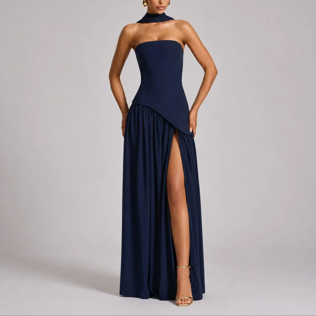 Women's strapless open-back scarf-neck fall wedding guest maxi dress – Navy