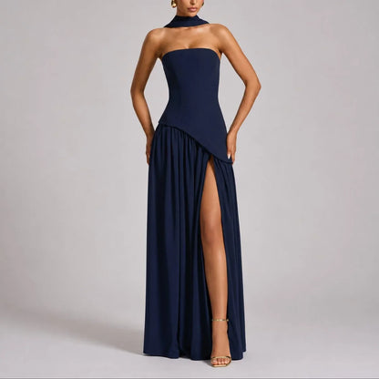 Women's strapless open-back scarf-neck fall wedding guest maxi dress – Navy
