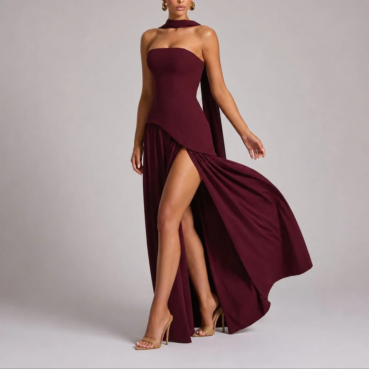 Women's strapless open-back scarf-neck fall wedding guest maxi dress – Red