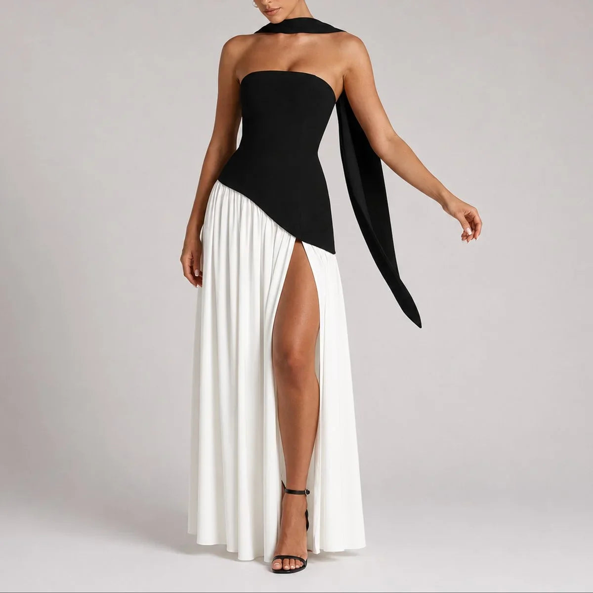 Women's strapless open-back scarf-neck fall wedding guest maxi dress – White