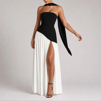Women's strapless open-back scarf-neck fall wedding guest maxi dress – White