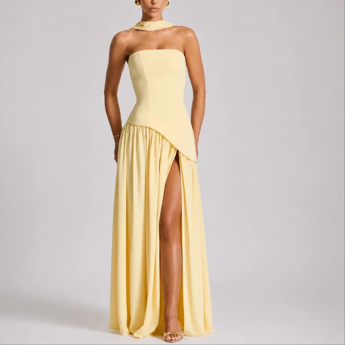 Women's strapless open-back scarf-neck fall wedding guest maxi dress – Yellow