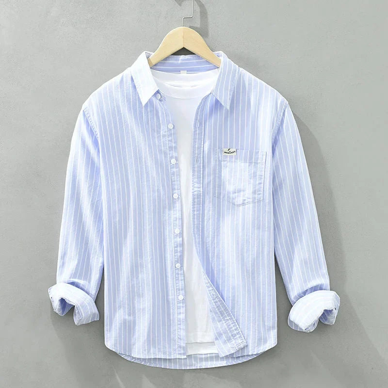 Women's striped casual button-up long-sleeve shirt with chest pocket – Blue