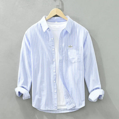Women's striped casual button-up long-sleeve shirt with chest pocket – Blue