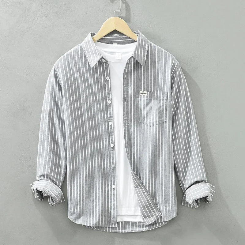 Women's striped casual button-up long-sleeve shirt with chest pocket – Grey