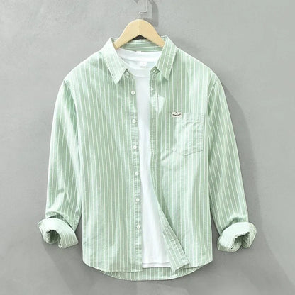 Women's striped casual button-up long-sleeve shirt with chest pocket – Green