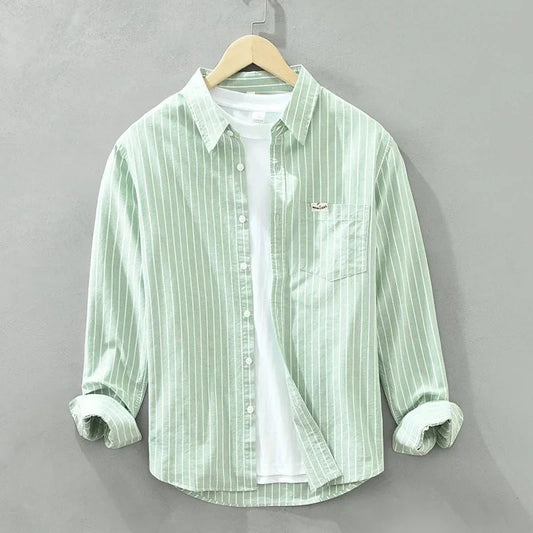 Women's striped casual button-up long-sleeve shirt with chest pocket – Green
