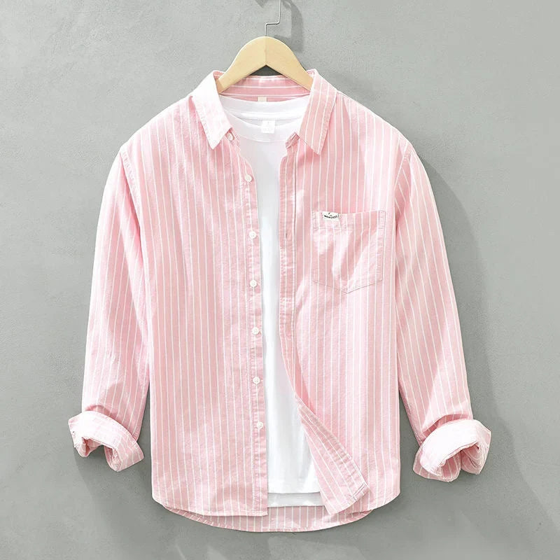 Women's striped casual button-up long-sleeve shirt with chest pocket – Pink