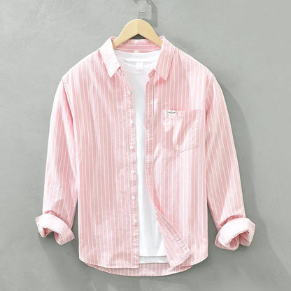 Women's striped casual button-up long-sleeve shirt with chest pocket – Pink