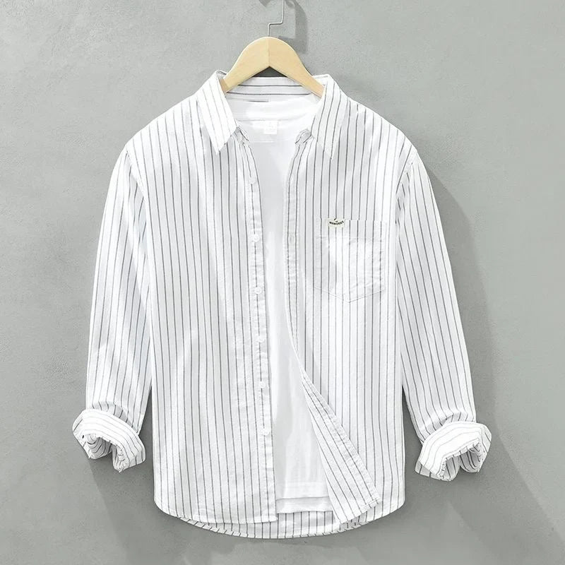 Women's striped casual button-up long-sleeve shirt with chest pocket – White
