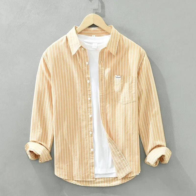 Women's striped casual button-up long-sleeve shirt with chest pocket – Yellow