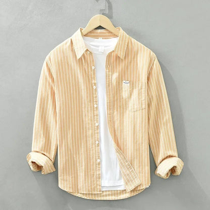 Women's striped casual button-up long-sleeve shirt with chest pocket – Yellow