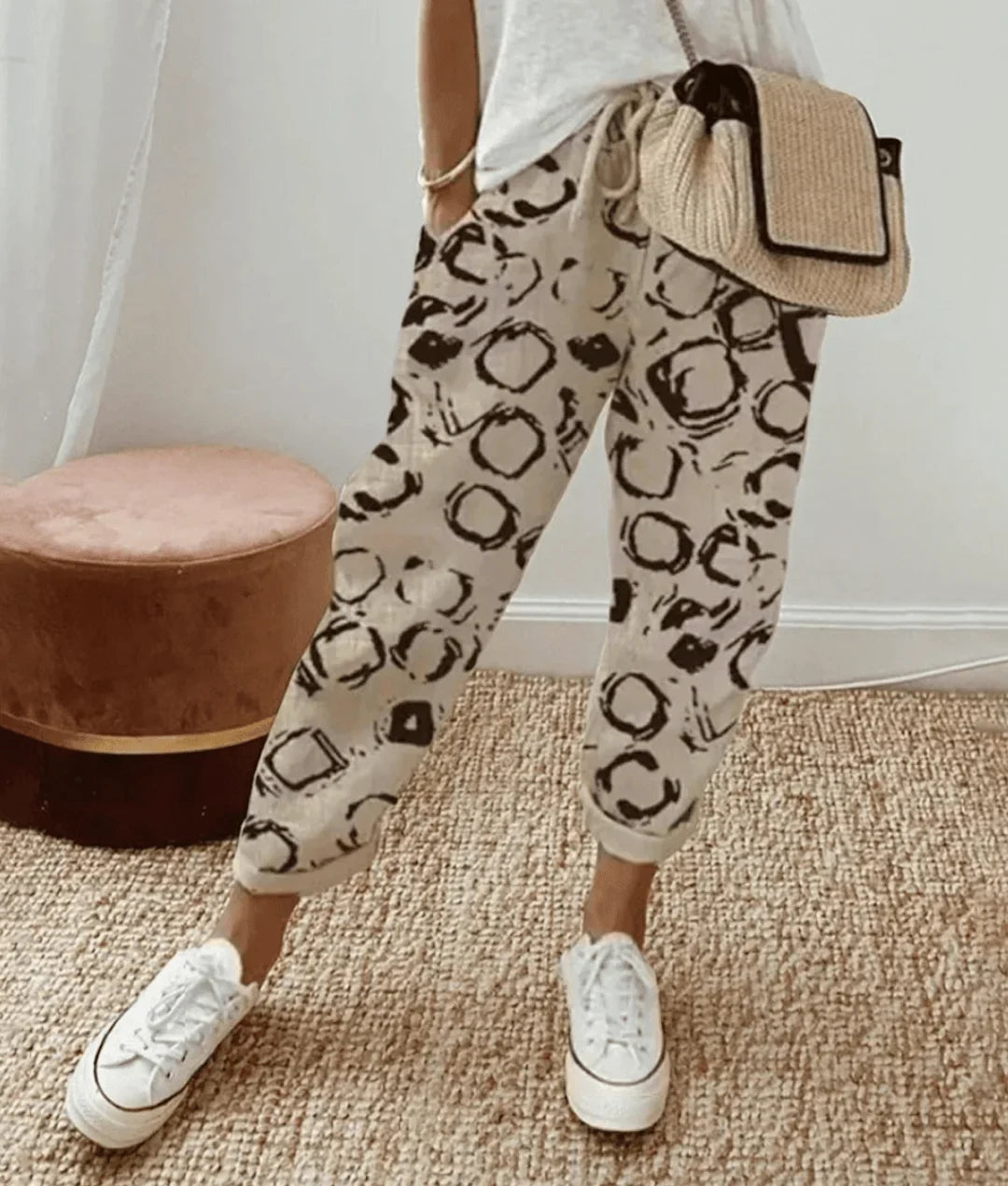 Women's striped cropped comfort trousers with drawstring waist and cuffed hem – Khaki