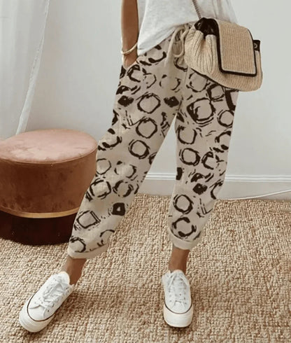 Women's striped cropped comfort trousers with drawstring waist and cuffed hem – Khaki