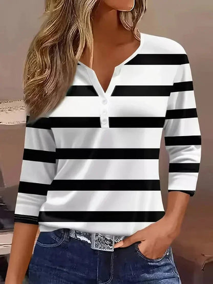 Women's striped henley top with 3/4-sleeve and V-neck – Black