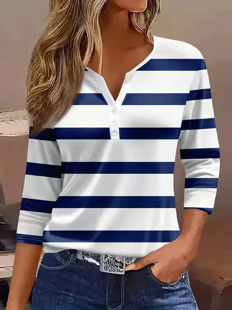 Women's striped henley top with 3/4-sleeve and V-neck – Blue