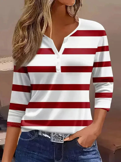 Women's striped henley top with 3/4-sleeve and V-neck – Red