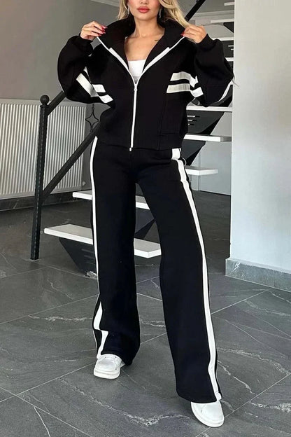 Women's striped knit track suit set with zip-up hoodie and drawstring pants – Black