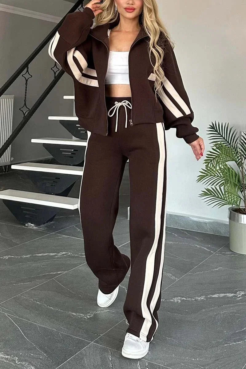 Women's striped knit track suit set with zip-up hoodie and drawstring pants – Brown