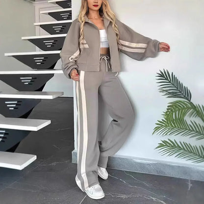 Women's striped knit track suit set with zip-up hoodie and drawstring pants – Grey