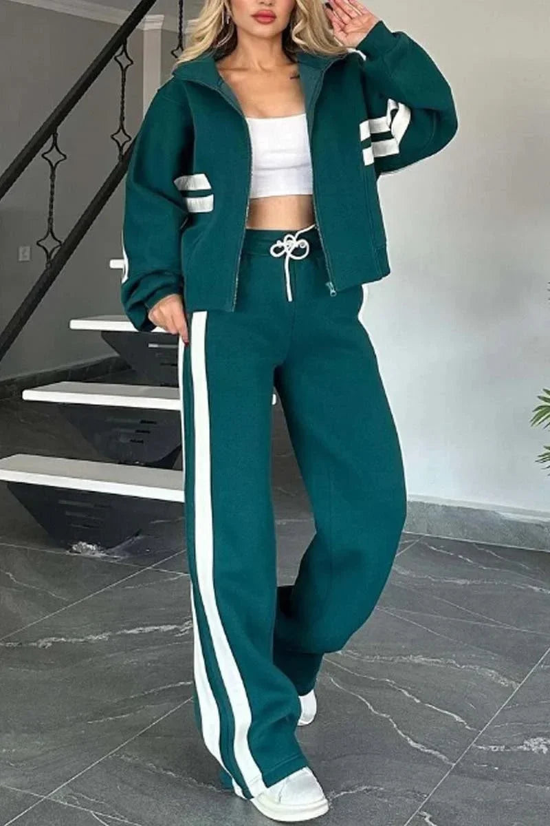 Women's striped knit track suit set with zip-up hoodie and drawstring pants – Green