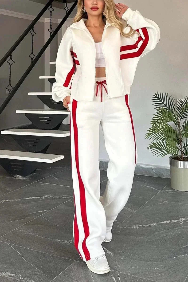 Women's striped knit track suit set with zip-up hoodie and drawstring pants – White