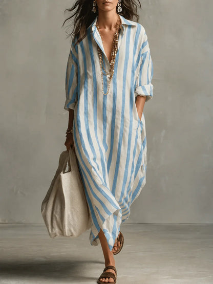 Women's striped long sleeve maxi shirt dress with collared button-front and side slits – Blue