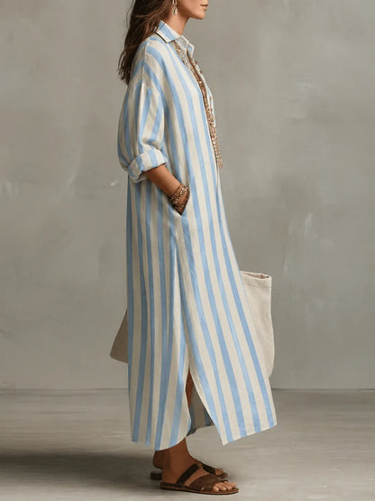 Women's striped long sleeve maxi shirt dress with collared button-front and side slits