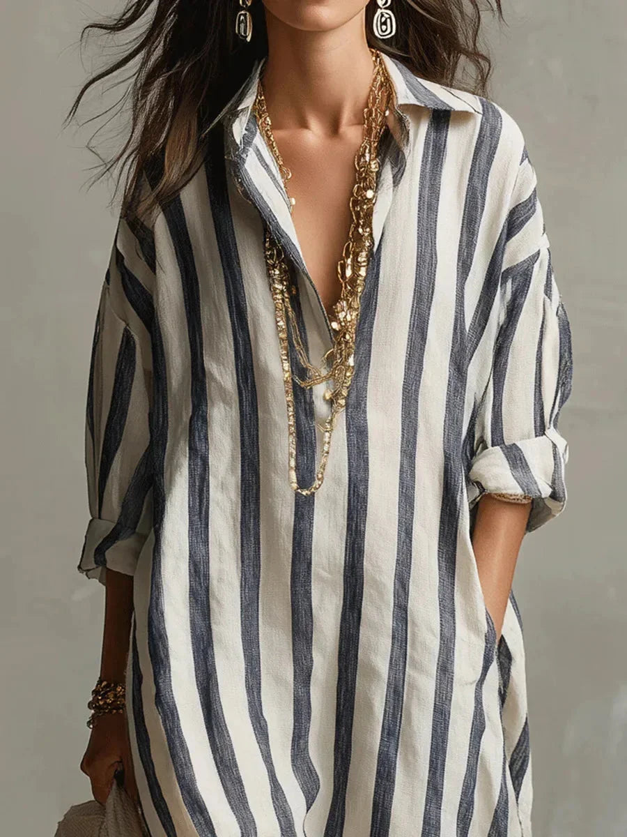Women's striped maxi shirt dress with roll-tab long sleeves and collar