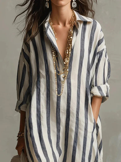 Women's striped maxi shirt dress with roll-tab long sleeves and collar