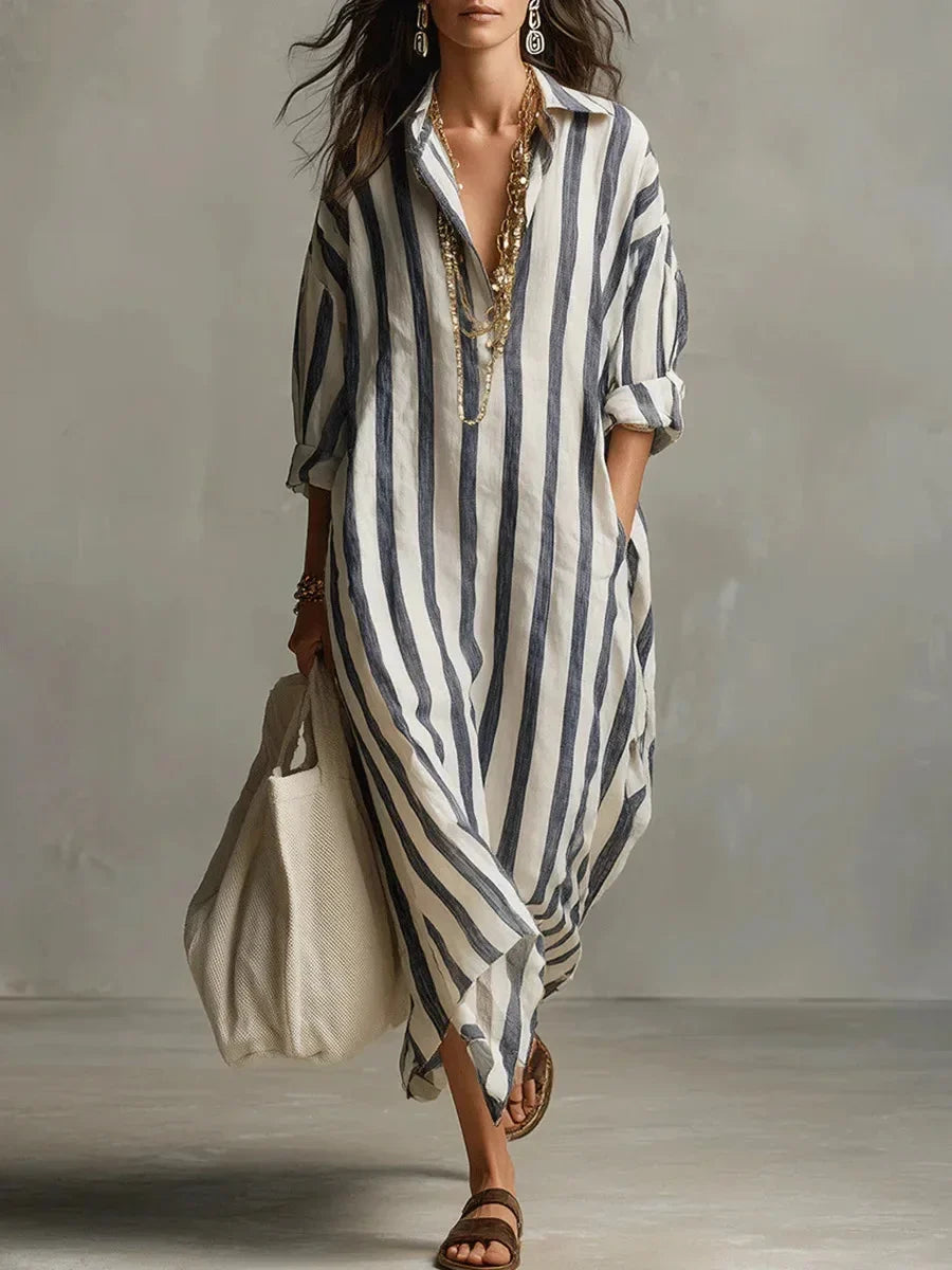 Women's striped maxi shirt dress with roll-tab long sleeves and collar – Blue