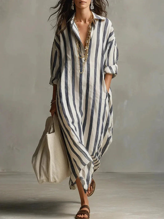 Women's striped maxi shirt dress with roll-tab long sleeves and collar – Blue