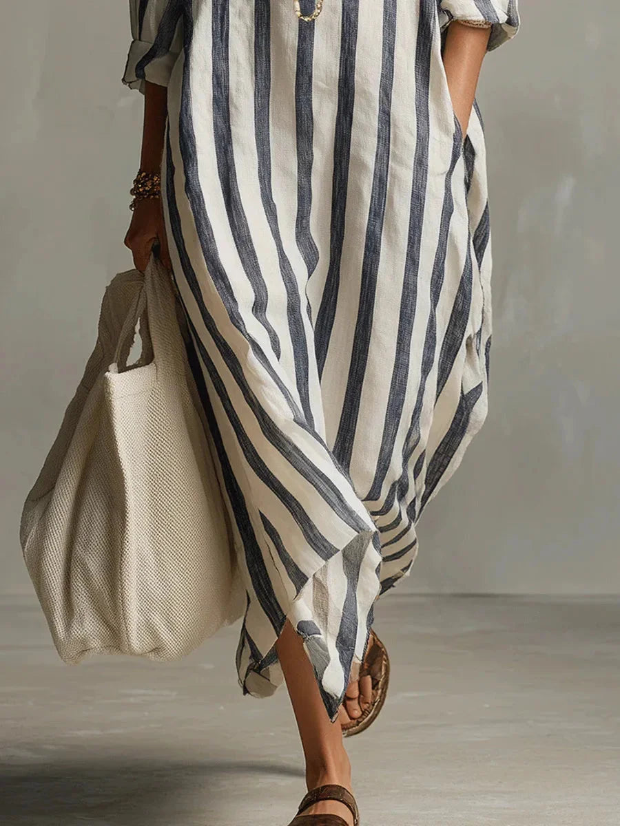 Women's striped maxi shirt dress with roll-tab long sleeves and collar