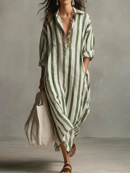 Women's striped maxi shirt dress with roll-tab long sleeves and collar – Green