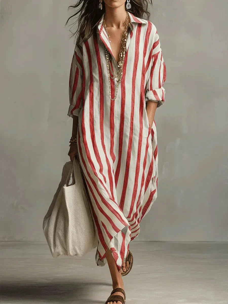 Women's striped maxi shirt dress with roll-tab long sleeves and collar – Red