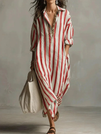 Women's striped maxi shirt dress with roll-tab long sleeves and collar – Red