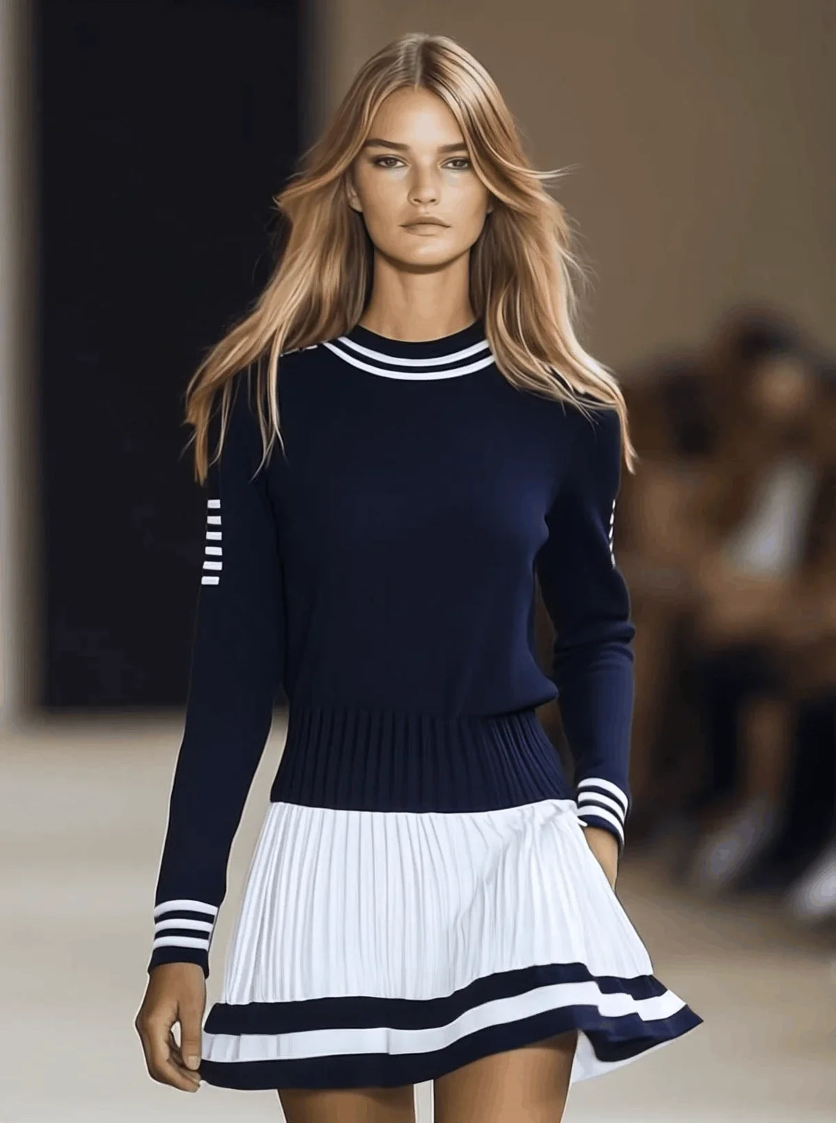 Women's striped mini dress with round-neck long-sleeve and pleated skirt – Navy