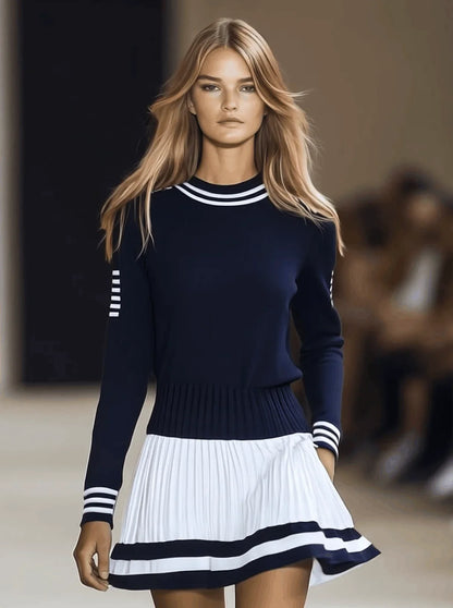 Women's striped mini dress with round-neck long-sleeve and pleated skirt – Navy