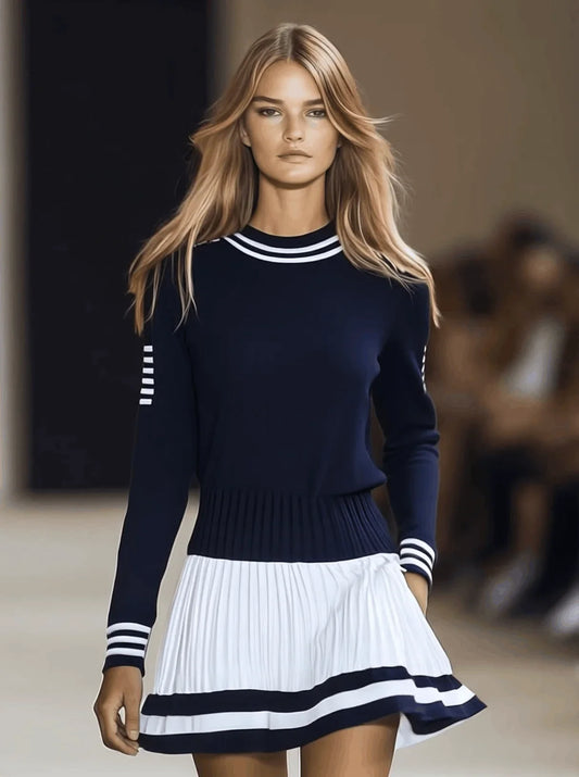 Women's striped mini dress with round-neck long-sleeve and pleated skirt – Navy