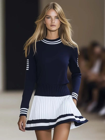 Women's striped mini dress with round-neck long-sleeve and pleated skirt – Navy