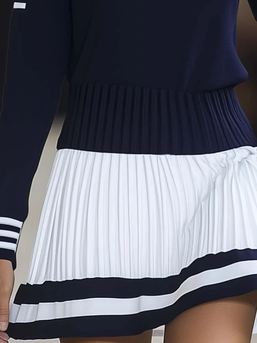 Women's striped mini dress with round-neck long-sleeve and pleated skirt – Navy