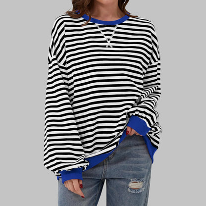 Women's striped oversized long-sleeve tee shirt style sweatshirt with crewneck – Black