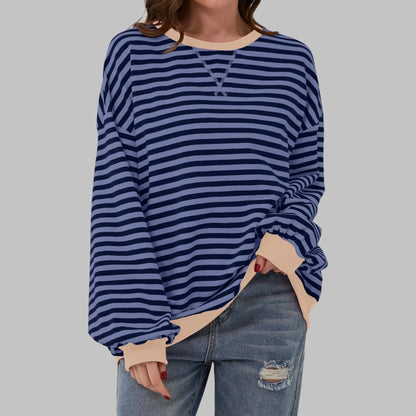 Women's striped oversized long-sleeve tee shirt style sweatshirt with crewneck – Blue