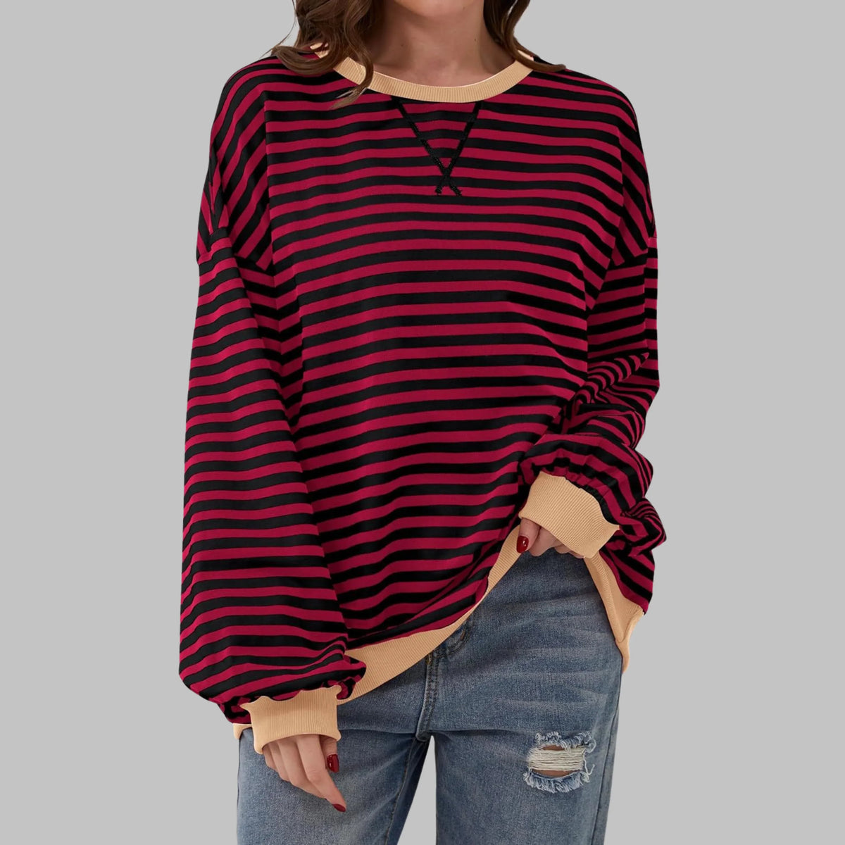 Women's striped oversized long-sleeve tee shirt style sweatshirt with crewneck – Burgundy