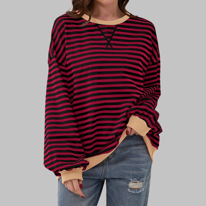 Women's striped oversized long-sleeve tee shirt style sweatshirt with crewneck – Burgundy