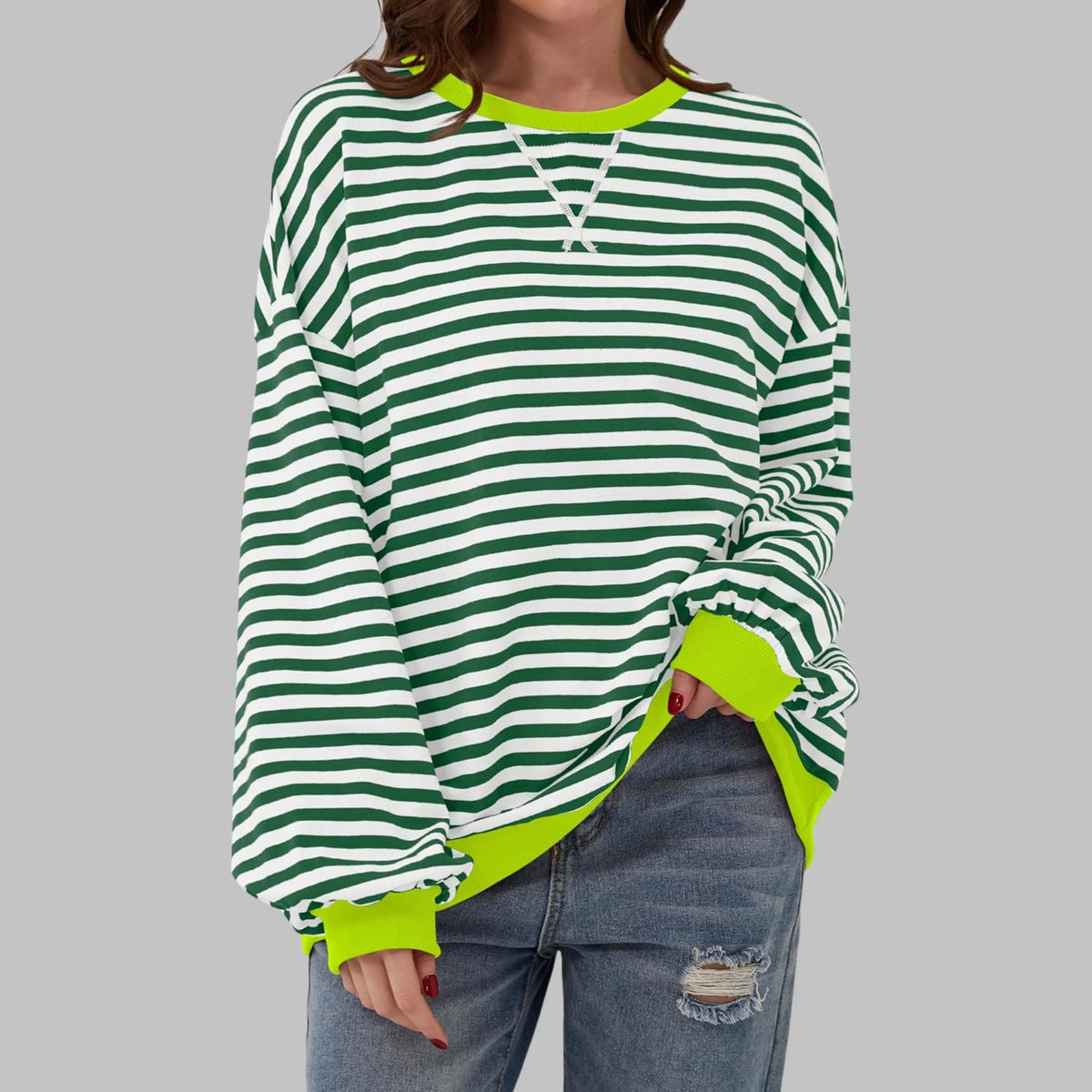 Women's striped oversized long-sleeve tee shirt style sweatshirt with crewneck – Dark Green