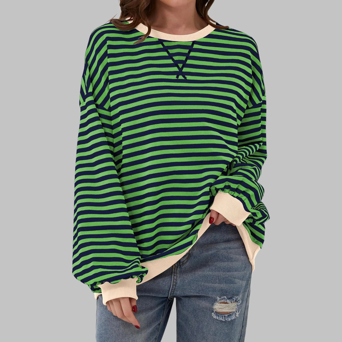 Women's striped oversized long-sleeve tee shirt style sweatshirt with crewneck – Green